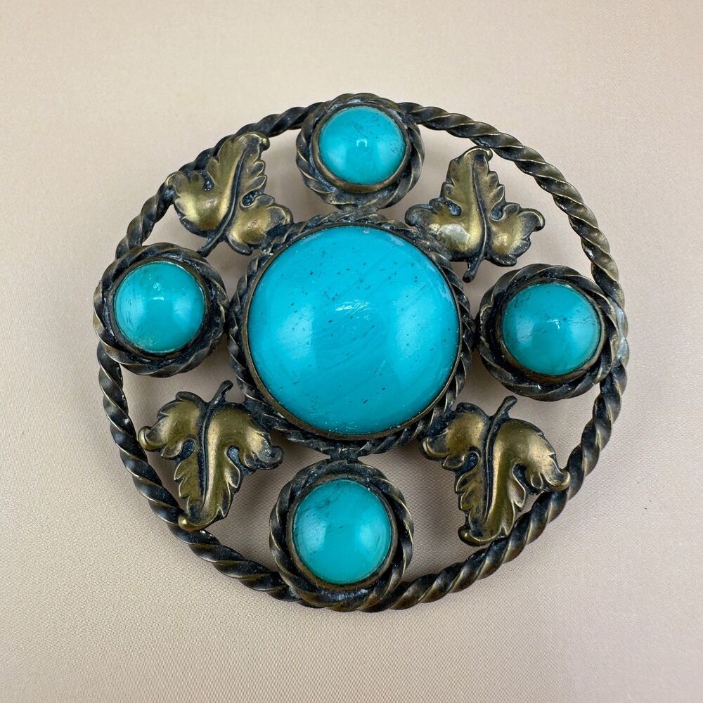 Vintage Leaf Circle Brooch Mid Century Blue Glass Cabochon Antiqued Gold Tone 2"